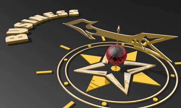 Золотой компас с текстурированным флагом, указывающим на слово бизнес, образ, подходящий для бизнес-концепции — стоковое фото