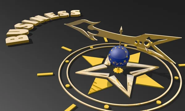 Brújula dorada con bandera sindical europea esfera texturizada que señala la palabra negocio, imagen adecuada para el concepto de negocio — Foto de Stock