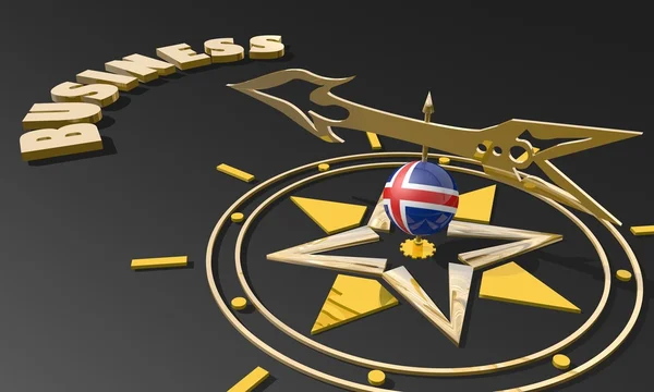 Goldener Kompass mit isländischer Flagge, texturierte Kugel, die das Wort Business zeigt, Bild passend für Geschäftskonzept — Stockfoto