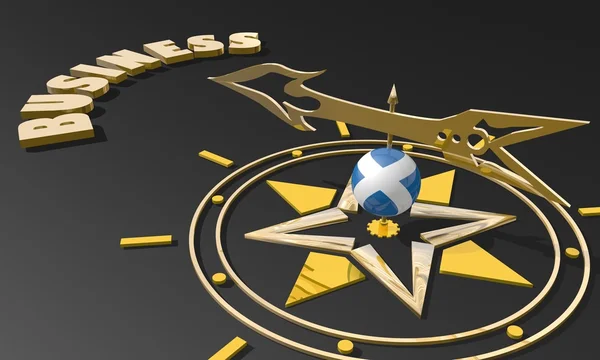 Золотой компас с текстурированным штрихом флага Шотландии, указывающим на слово бизнес, изображение, подходящее для бизнес-концепции — стоковое фото