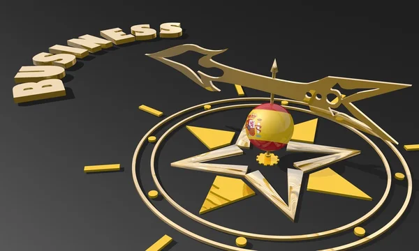 Золотой компас с текстурированным испанским флагом, указывающим на слово бизнес, изображение, подходящее для бизнес-концепции — стоковое фото