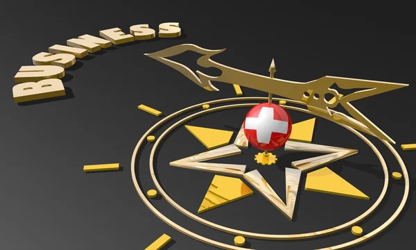 Guldkompassen med Schweiz flagga texturerat sfär pekar ordet verksamheten, bild lämpar sig för affärsidé — Stockfoto