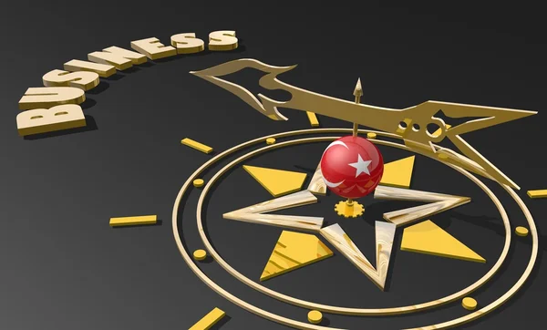 Χρυσή πυξίδα με Τουρκία σημαία ελαστικοποιημένων σφαίρα δείχνει την λέξη επιχείρηση, εικόνας κατάλληλο για επιχειρηματική ιδέα — Φωτογραφία Αρχείου