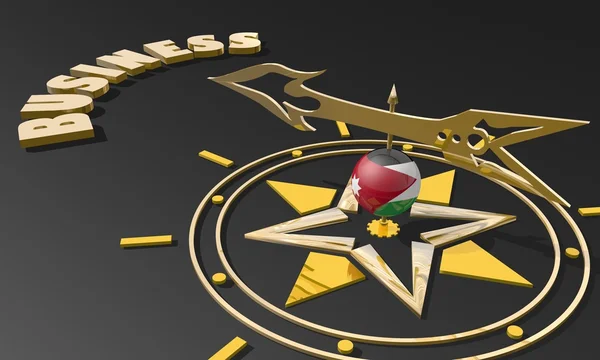 Золотий компас з текстурованою сферою прапора Йорданії, що вказує на слово "бізнес", зображення, придатне для бізнес-концепції — стокове фото