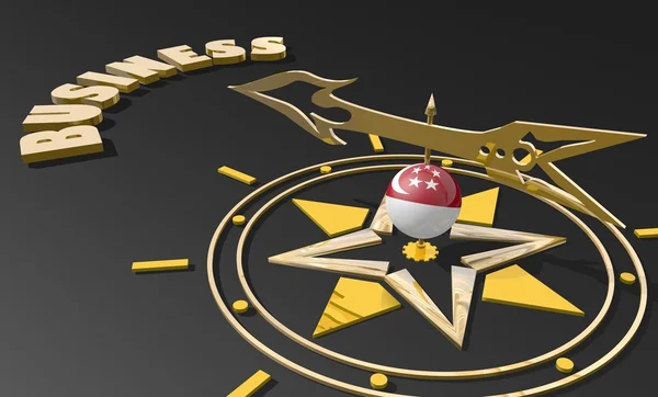 Золотий компас з Сінгапуру прапор текстурованою сфері вказуючи слово бізнес, зображення підходить для бізнес-концепція — стокове фото