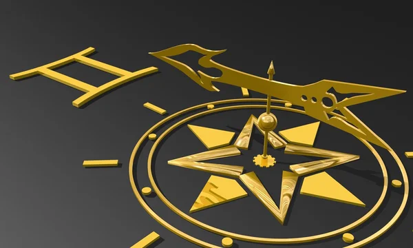 Brújula dorada señalando el signo zodiacal de Géminis — Foto de Stock