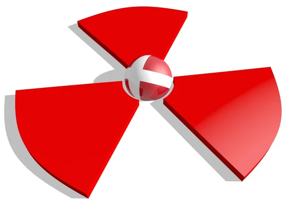 Denmark flag textured sphere in the center of nuclear danger 3d red sign — Stock Photo, Image