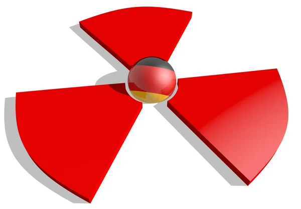 Σημαία της Γερμανίας υφή σφαίρα στο κέντρο του 3d κόκκινη ένδειξη πυρηνικός κίνδυνος — Φωτογραφία Αρχείου