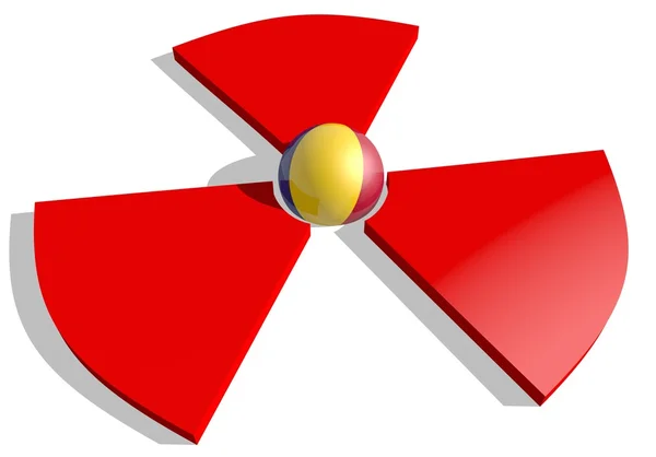 Romania flag textured sphere in the center of nuclear danger 3d red sign — Stock Photo, Image