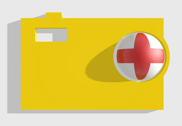 Yellow photo camera big icon and england flag — Stock Photo, Image