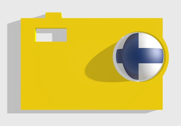 黄色の写真カメラの大きなアイコンとフィンランドの旗 — ストック写真