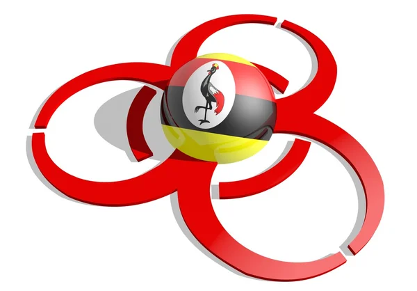 Uganda flag textured sphere in the center of biohazard alert 3d red sign — Stock Photo, Image