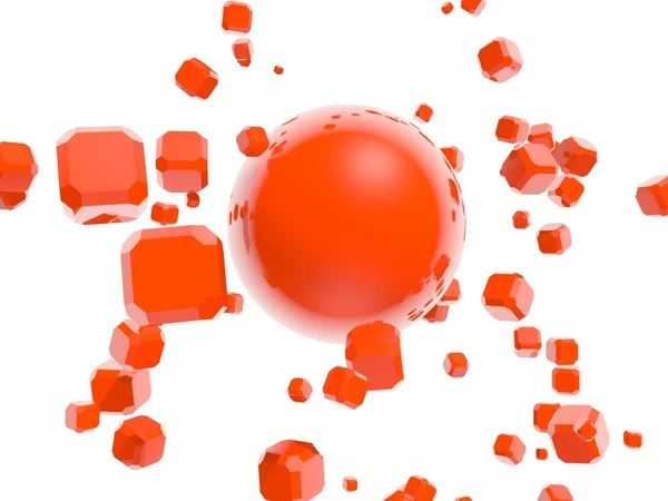 赤い球の周りの軌道上飛行の赤い箱 — ストック写真