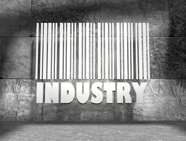 Concrete blocks empty room with white industry text and 3d barcode — Stock Photo, Image