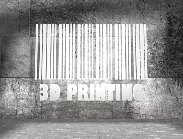 Blocos de concreto sala vazia com texto de impressão 3D branco e código de barras 3d — Fotografia de Stock