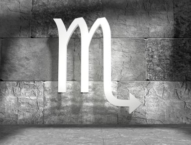 Akrep işareti 3d anahat modeli ile beton bloklar boş oda