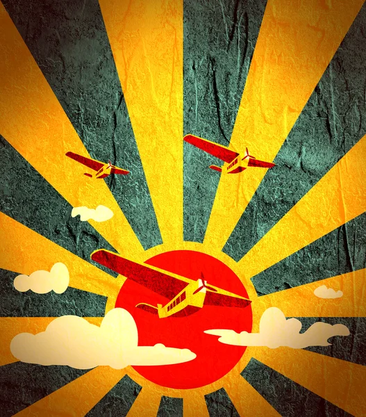 Avions rétro vol sur fond de soleil — Photo