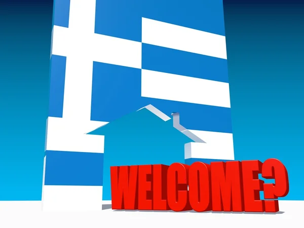 Bem-vindo sob pergunta e ícone de casa texturizado pela bandeira da Grécia — Fotografia de Stock