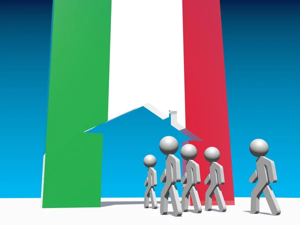 Люди идут на домашнюю иконку, текстурированную итальянским флагом — стоковое фото