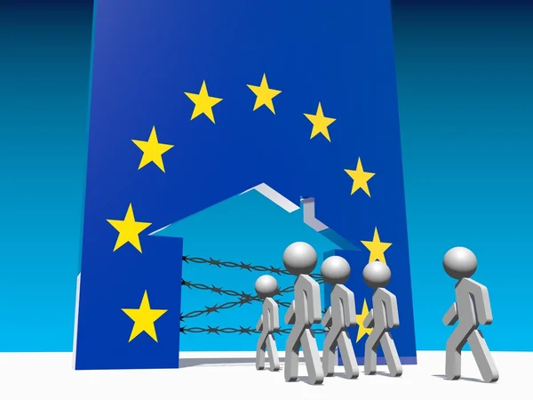 Vluchtelingen Ga naar home pictogram getextureerde door Europese vlag — Stockfoto