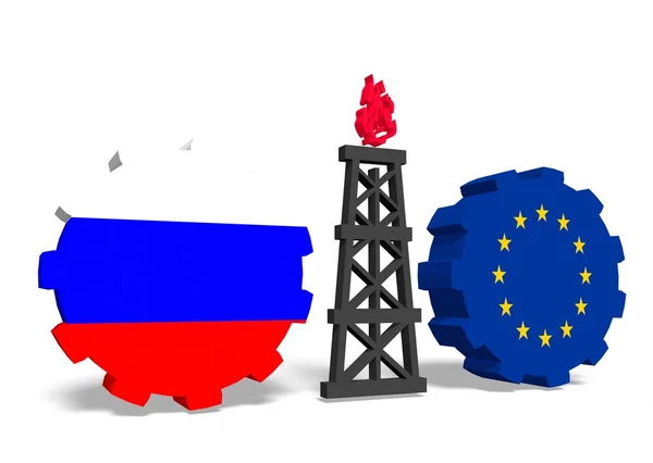 Russian and europe flags on gears, gas rig between them — Stock Photo, Image