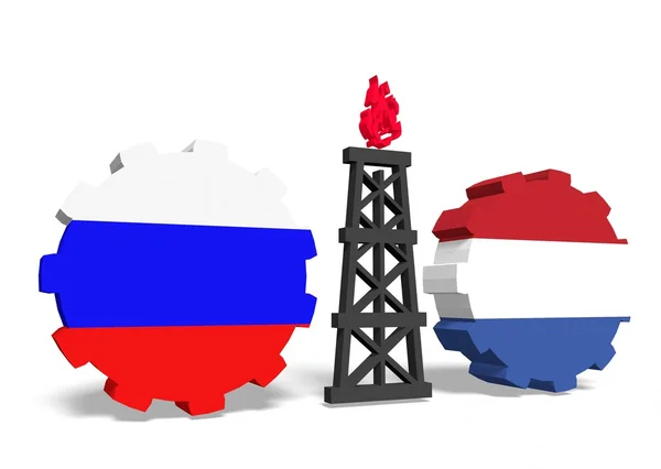 Russian and netherlands flags on gears, gas rig between them — Stock Photo, Image