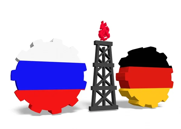 Banderas rusas y alemanas en engranajes, plataforma de gas entre ellos — Foto de Stock