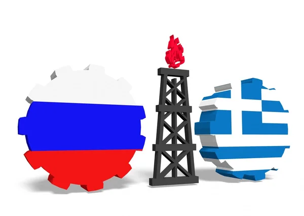 Orosz és Görögország zászlók a fogaskerekek, gáz szerelék közöttük — Stock Fotó