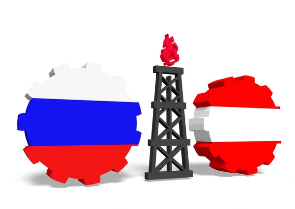 Russian and austria flags on gears, gas rig between them — Stock Photo, Image