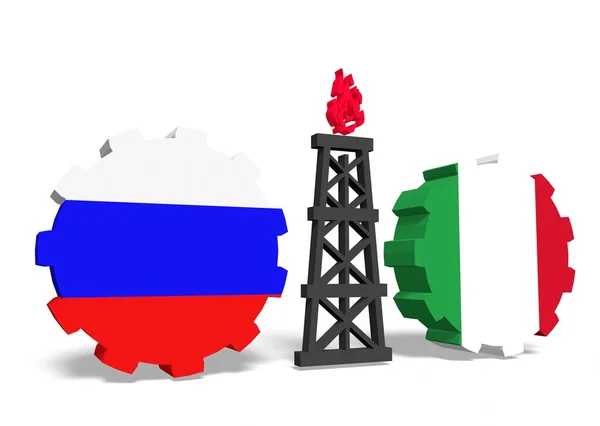 Ryska och Italien flaggor på redskap, gas rigg mellan dem. — Stockfoto