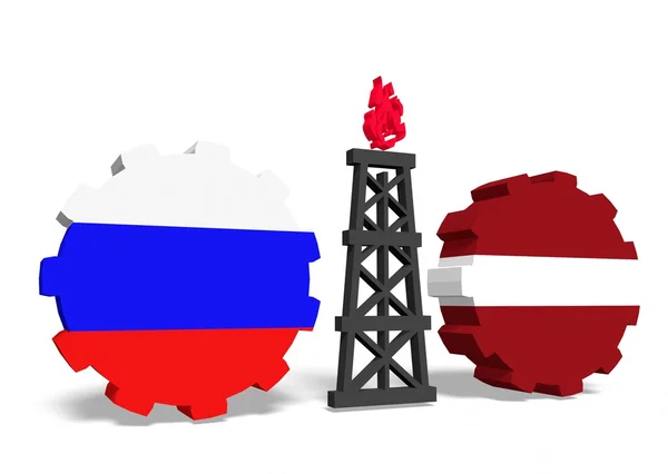 Russian and latvia flags on gears, gas rig between them — Stock Photo, Image