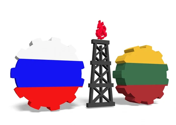 Orosz és Litvánia zászlók a fogaskerekek, gáz szerelék közöttük — Stock Fotó