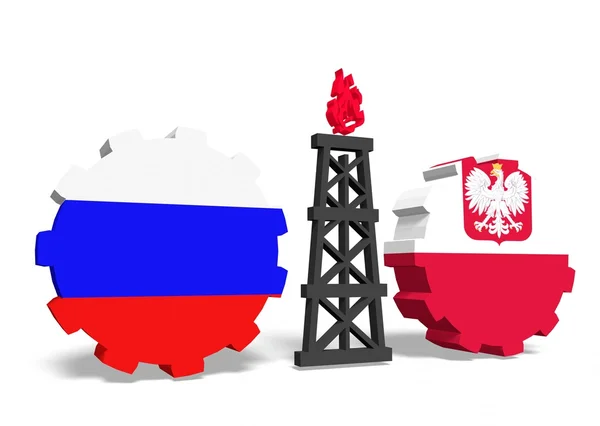 Banderas rusas y polacas en engranajes, plataforma de gas entre ellos — Foto de Stock