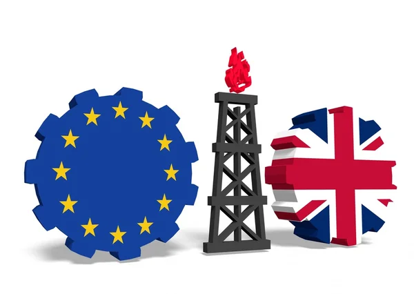 Europa und Großbritannien Flaggen auf Getriebe, Gas-Bohrinsel dazwischen — Stockfoto