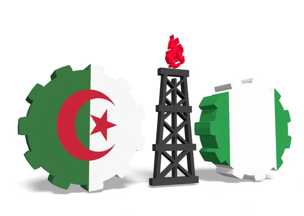 Algeria and nigeria flags on gears, gas rig between them — Stock Photo, Image