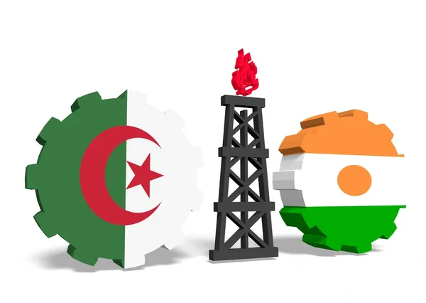 Algeria and niger flags on gears, gas rig between them — Stock Photo, Image