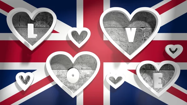 Amore sfondo grande bandiera britannica con fori a forma di cuore — Foto Stock