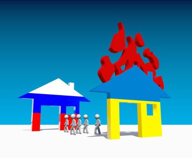 İnsanlar Ukrayna bayrağı tarafından dokulu ateş altında evden kaçış