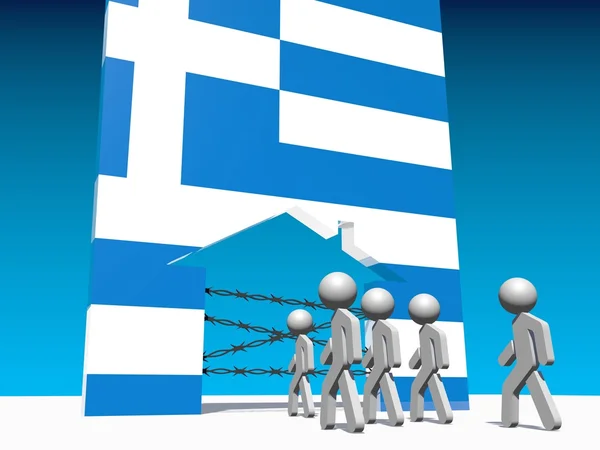 Mülteciler Yunanistan bayrağının dokulu ev simgesini gidin — Stok fotoğraf