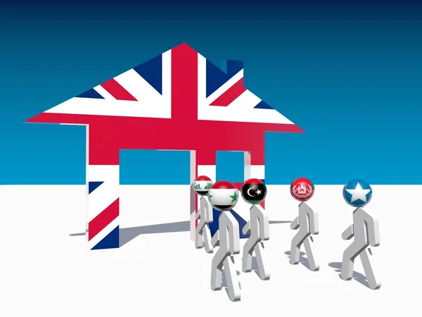 Flyktingar gå till hem-symbolen texturerat av Storbritannien flagga — Stockfoto