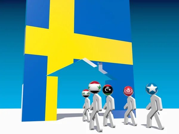 Uprchlíci jít do domova ikony texturou Švédsko vlajky — Stock fotografie