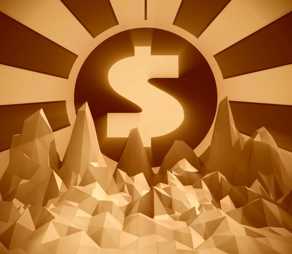 Dollar sign in sun burst rays with low poly surface — Stock Photo, Image