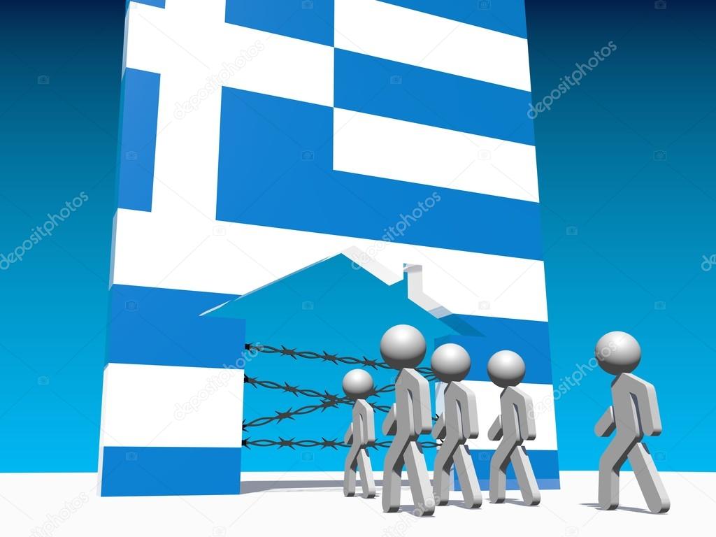 refugees go to home icon textured by greece flag