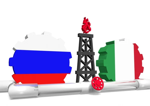 Russian and italy flags on gears, gas rig, pipeline — Stock Photo, Image