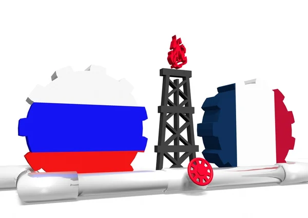 Bandiere russe e francesi su ingranaggi, impianto di perforazione del gas, gasdotto — Foto Stock
