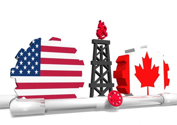 Usa and canada flags on gears, gas rig, pipeline — Stock Photo, Image