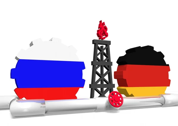 Banderas rusas y alemanas en engranajes, plataforma de gas, tubería — Foto de Stock