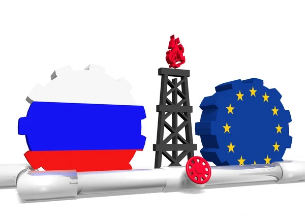 Russian and europe flags on gears, gas rig, pipeline — Stock Photo, Image