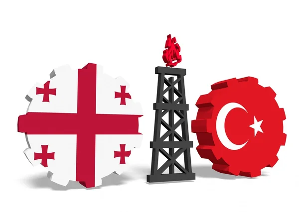 Georgien und Türkei Flaggen auf Getriebe, Gas-Bohrinsel dazwischen — Stockfoto
