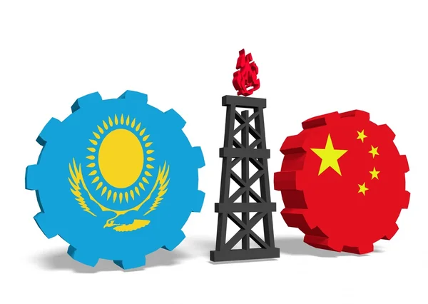 A fogaskerekek, gáz szerelék közöttük Kazahsztánban és Kína zászlók — Stock Fotó